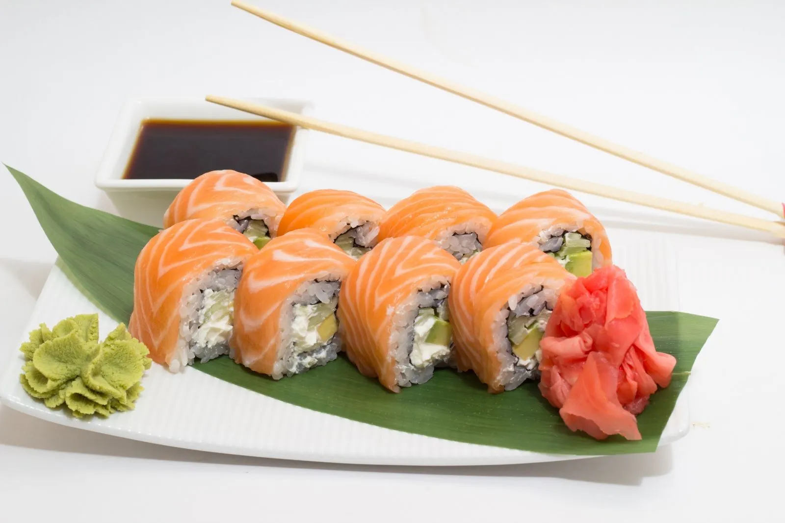 Salmon cream cheese maki roll served with wasabi, ginger and soy sauce at Teppan Salem Enterprise LLC, a Japanese Restaurant in Salem