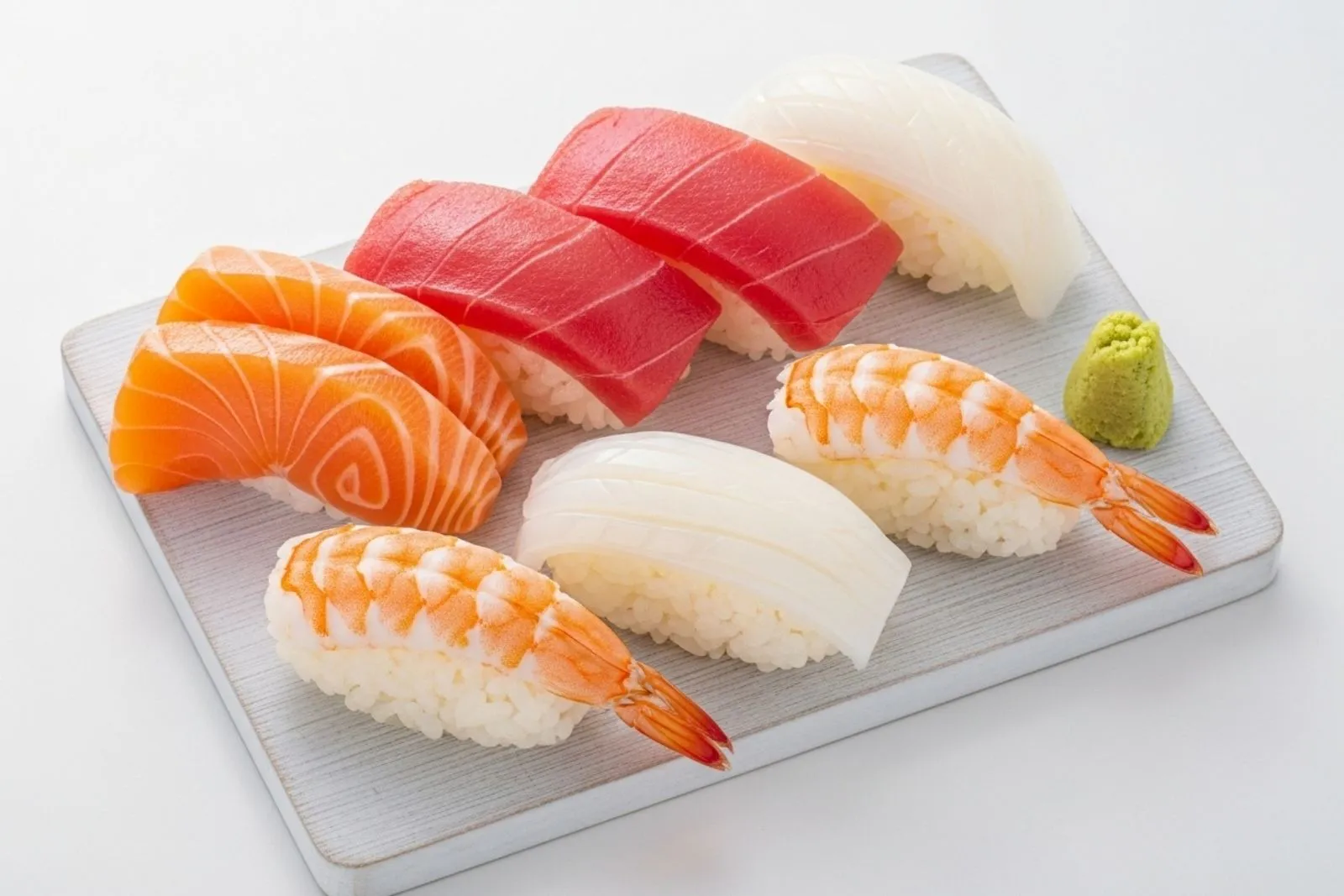 Assorted nigiri sushi with salmon, tuna, squid and shrimp atop rice at Teppan Salem Enterprise LLC, a Japanese Restaurant in Salem